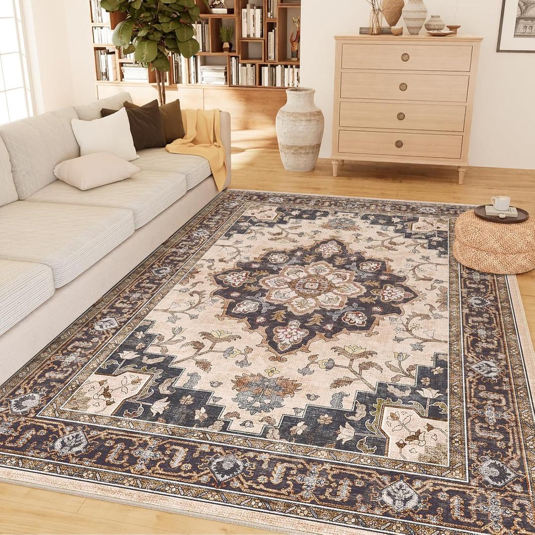 CAPALOCA Machine Washable Rugs Nursery Rug 5x7 Cute Girl Non Slip Low Pile Water Repellent Soft Print Pattern for Bedroom Indoor Decor Kids Playroom Coffeebeige