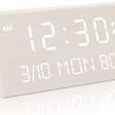 Kogonee Wooden Digital Alarm Clock, 0-100% Dimmer, 2 Alarm Settings, Weekday/Everyday Mode, 9 Mins Snooze, 12/24H, Temperature and Date Display for Office, Travel, Bedroom Alarm Clock (White)