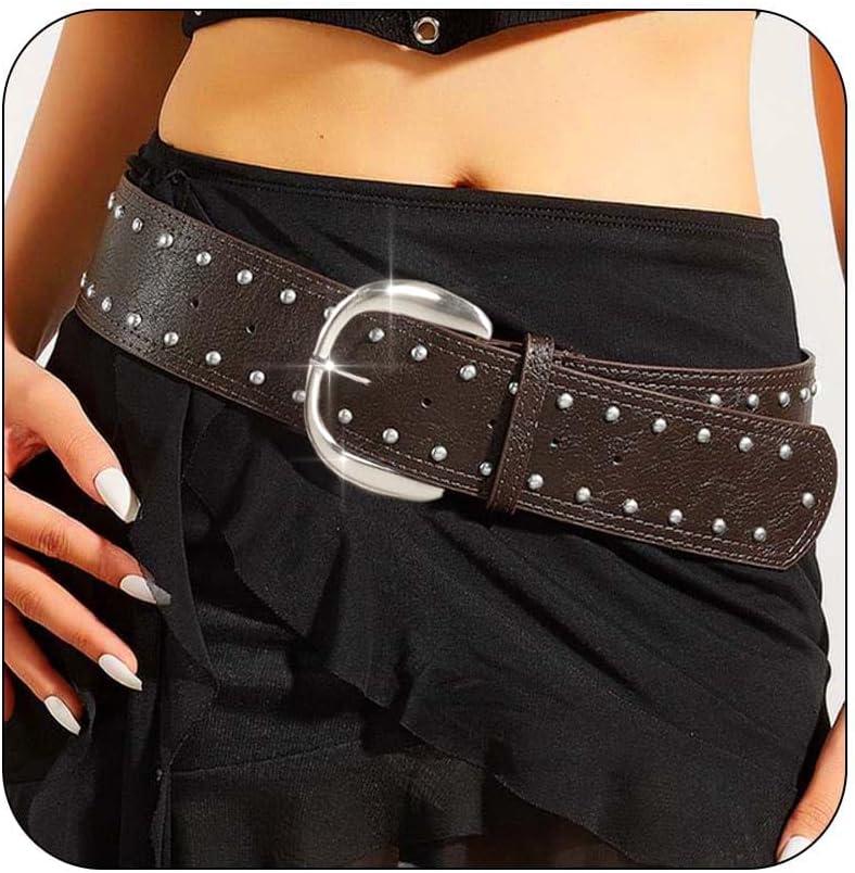 Black Studded Belt for Women Rock Rivet Wide Leather Belt for Dress Pants Y2K Cowgirl Chunky Belts Punk Thick Belt (Fits Waist Size:29''-33'', Coffee)