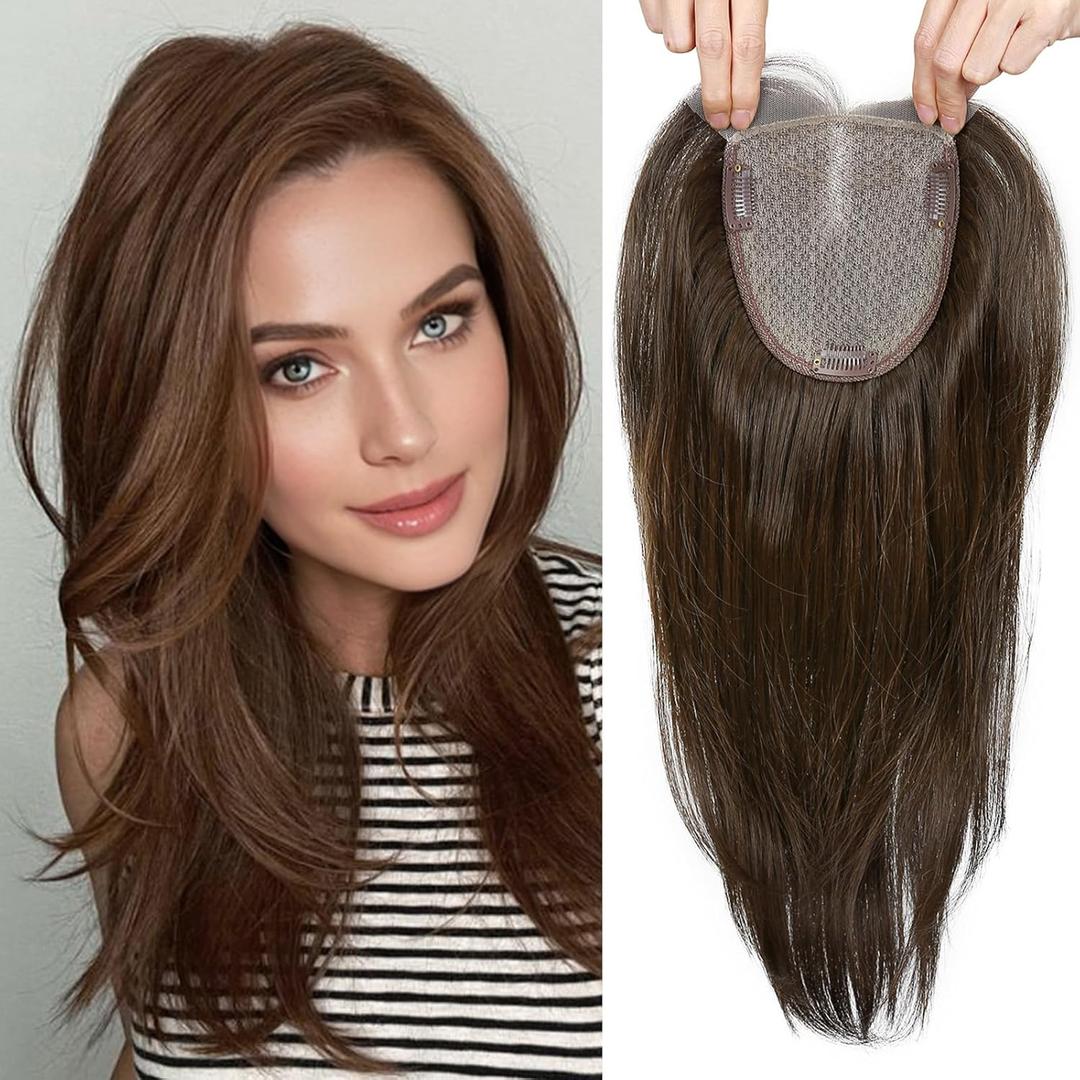 FAVE Full Lace Kanekalon Hair Toppers for Women - 14Inch Layered Hair Pieces with Bangs - Dark Brown Hand Made Clip in Toppers (FULL LACE-Dark Brown)