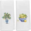Dibor Chinoiserie Kitchen Towels Dish Towels Dishcloth Set of 2, Lemon Tree Decor Kitchen Towels, Blue and White Porcelain Decorative Absorbent Drying Cloth Hand Towels for Bathroom Kitchen