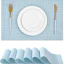 Leetaltree Soft Sky Blue Woven Placemats Set of 6 - Heat Resistant Non-Slip Place mats for Dining Table, Washable Durable PVC Vinyl Woven Table Mats(Sky Blue, 6)