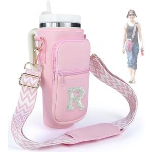 Water Bottle Holder with Strap for Stanley 40 oz Tumbler, Initial A-Z Water Bottle Carrier Sling Bag with Pouch Phone Pocket Handle Crossbody Water Bottle Holder Case Sleeve for Walking Camping Gym