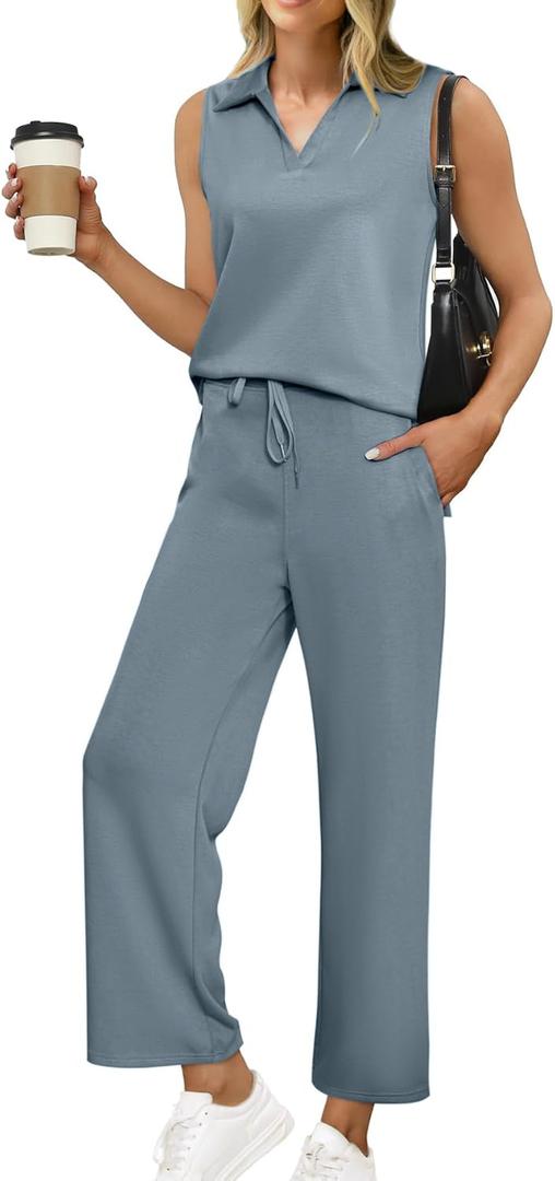 Glamaker Women's 2 Piece Outfits Summer Sleeveless Tops Wide Leg Pants Lounge Set Sweatsuits Tracksuits with Pockets (Large, Grey Blue) Glamaker Women's 2 Piece Outfits Summer Sleeveless Tops Wide Leg Pants Lounge Set Sweatsuits Tracksuits with Pockets (Large, Grey Blue)