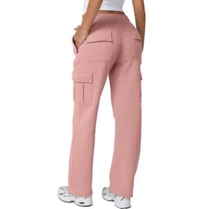 QINSEN Women's Elastic Waist Long Pants Casual Fleece Sweatpants with Pockets Peachskin M