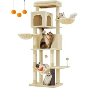 Feandrea Cat Tree, 69-Inch Tall Cat Tower for Indoor Cats, Multi-Level Cat Condo with 2 Caves, 2 Baskets, 5 Scratching Posts, Self-Groomer, Perch, Hammock, Sand Beige UPCT182Y01