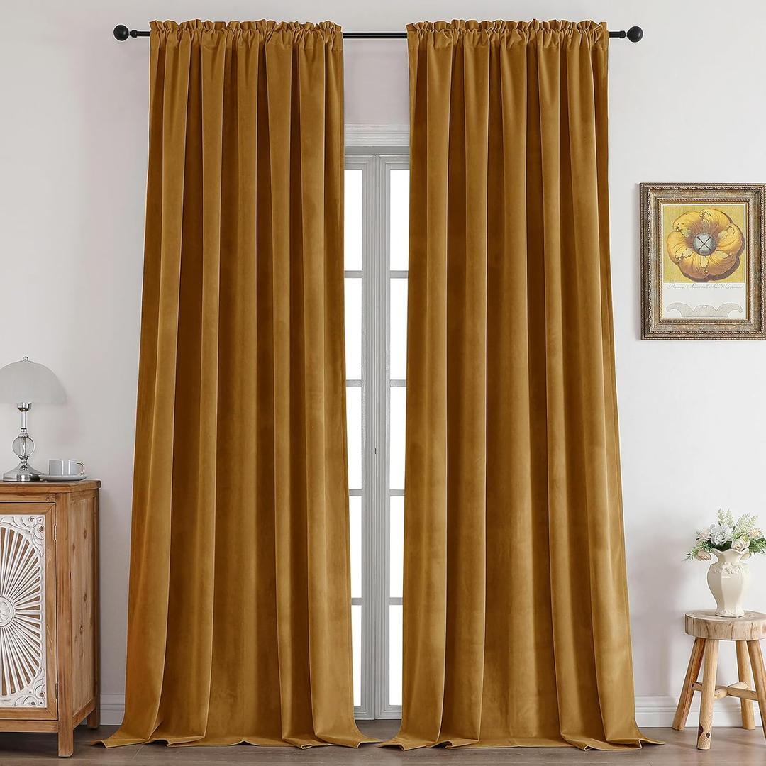CUCRAF Gold Brown Velvet 100% Blackout Curtains 84 inches Long, Thermal Insulated, Noise Reducing Rod Pocket Luxury Drapes for Bedroom Living Room(52x84 inches, 2 Panels)