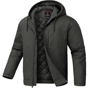 TBMPOY Men's Winter Work Jackets Hooded Quilted Lined Workwear Utility 4 Pockets Cotton warm Active Coats (Large, Deep Gray)
