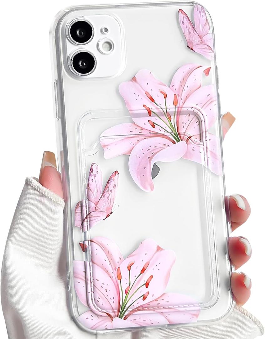 2 x NITITOP Compatible with iPhone 12 Case with Card Holder Clear Cute Floral Lily Flowers Butterfly for Women Girls Soft TPU Shockproof Wallet Case Protective Phone Cover - Pink