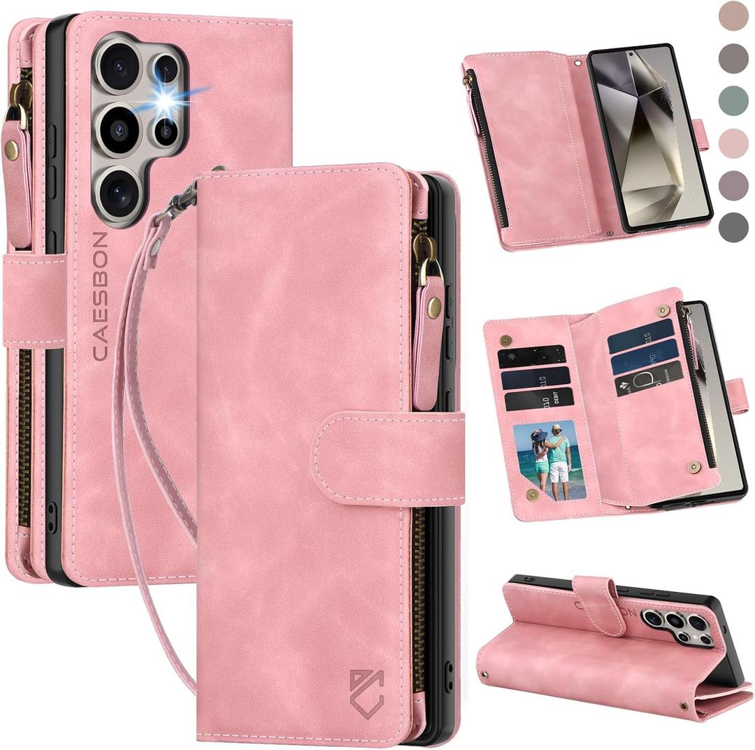 for Samsung Galaxy S24-Ultra-Wallet Case: with RFID Blocking Card Slots (6 Cards) | Soft PU Leather Magnetic Snap Zipper Pocket | Crossbody Wrist Strap Protective Phone Cover - Pink