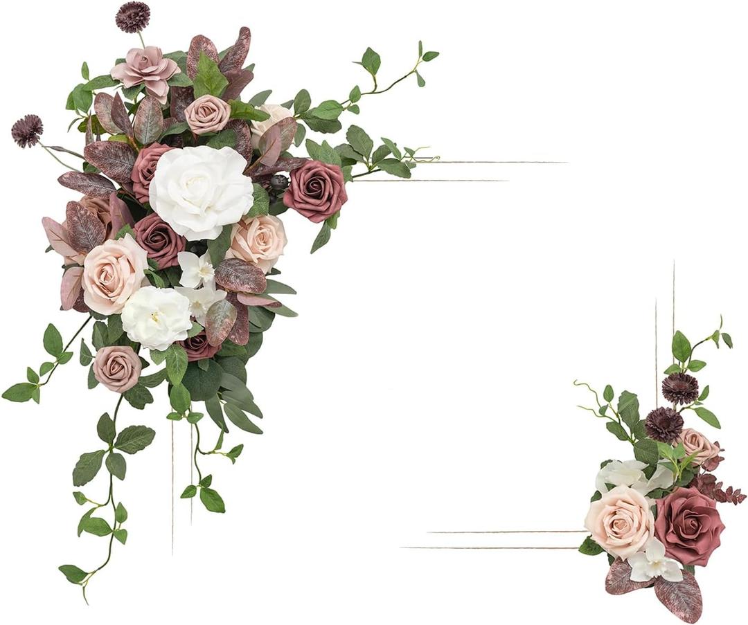 Ling's Moment 2pcs Artificial Welcome Sign Swag Wedding Arch Flowers Decorations Floral Eucalyptus Willow Garland Dusty Rose & Cream Rose Ceremony Party Reception Easel Door Wall Home Entryway Outdoor