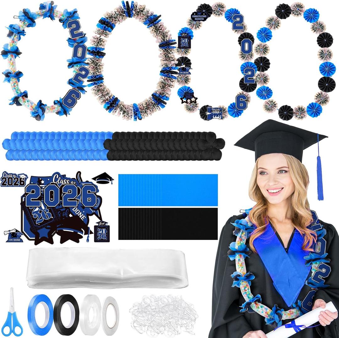 Shinylin 24 Sets 2026 Graduation Candy Lei Making Kit Include Clear Poly Candy Lei Tubing with Flower Card Grad Stickers White Rubber Bands Ribbons Glues for Graduation Party Supplies(Black and Blue)