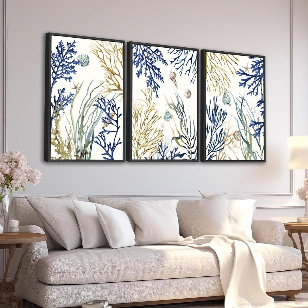 Large Framed Ocean Wall Art Coral Canvas Pictures 16"x24" 3 Pieces Coastal Starfish Shell Conch Marine Painting Artwork Beach Canvas Prints for Living Room Bedroom Bathroom Office Home Decor,  navy, 16"x24"x3 Framed)