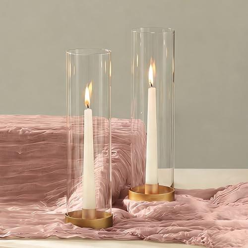 NUPTIO Gold Taper Candle Holders: 2 Pcs Hurricane Metal Candlestick Holder Stand with 11.81 inch Tall Clear Glass Open Ended Cylinder Covers for Tapered Candles Wedding Party Centerpieces for Tables