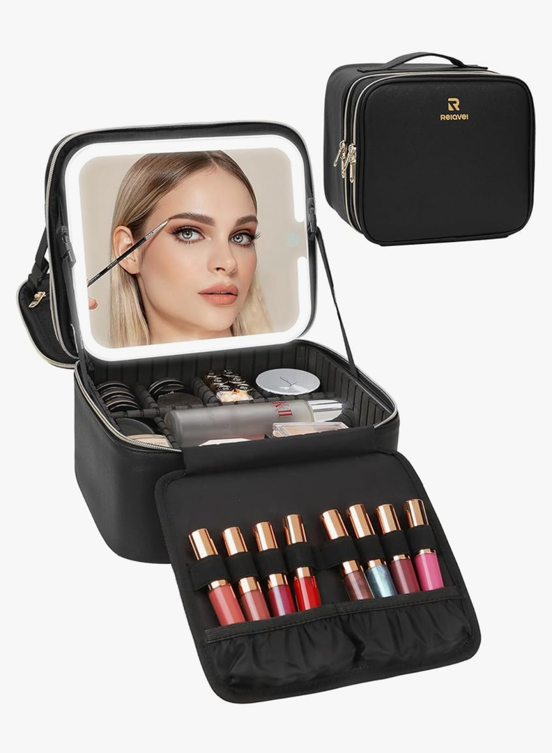 Relavel Makeup Bag with LED Mirror, Travel Makeup Case with Rechargeable Lighted Mirror 3 Color Lights, Dual Layer Cosmetic Box Makeup Brush Lipstick Holder Organizer for Women, Leather Black