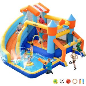 FINCOME Bounce House, Inflatable Bounce House with Water Slide for Kids Indoor & Outdoor, Bouncy Castle with Football Frame, Water Cannon, Basketball Hoop & Ring Toss, Water Slides for Kids Backyard, 12.1 ft x 11.7 ft x 7.5 ft