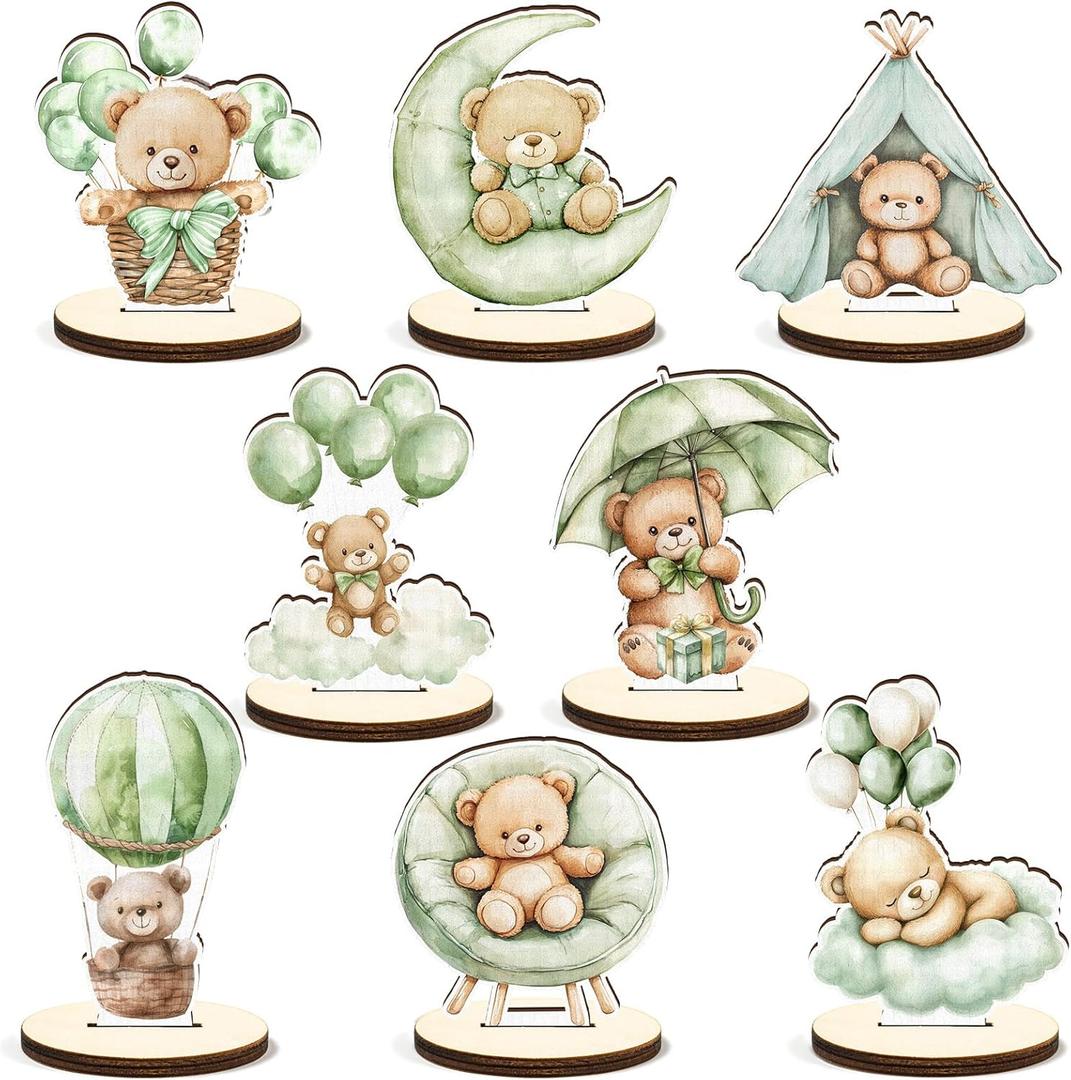 16 Pcs Wooden Baby Shower Table Centerpiece Sage Green Bear Tabletop Detachable Sign Boy Or Girl Gender Reveal Table Toppers Display Decoration Bear Birthday Photo Props We Can Bearly Wait Party Favor