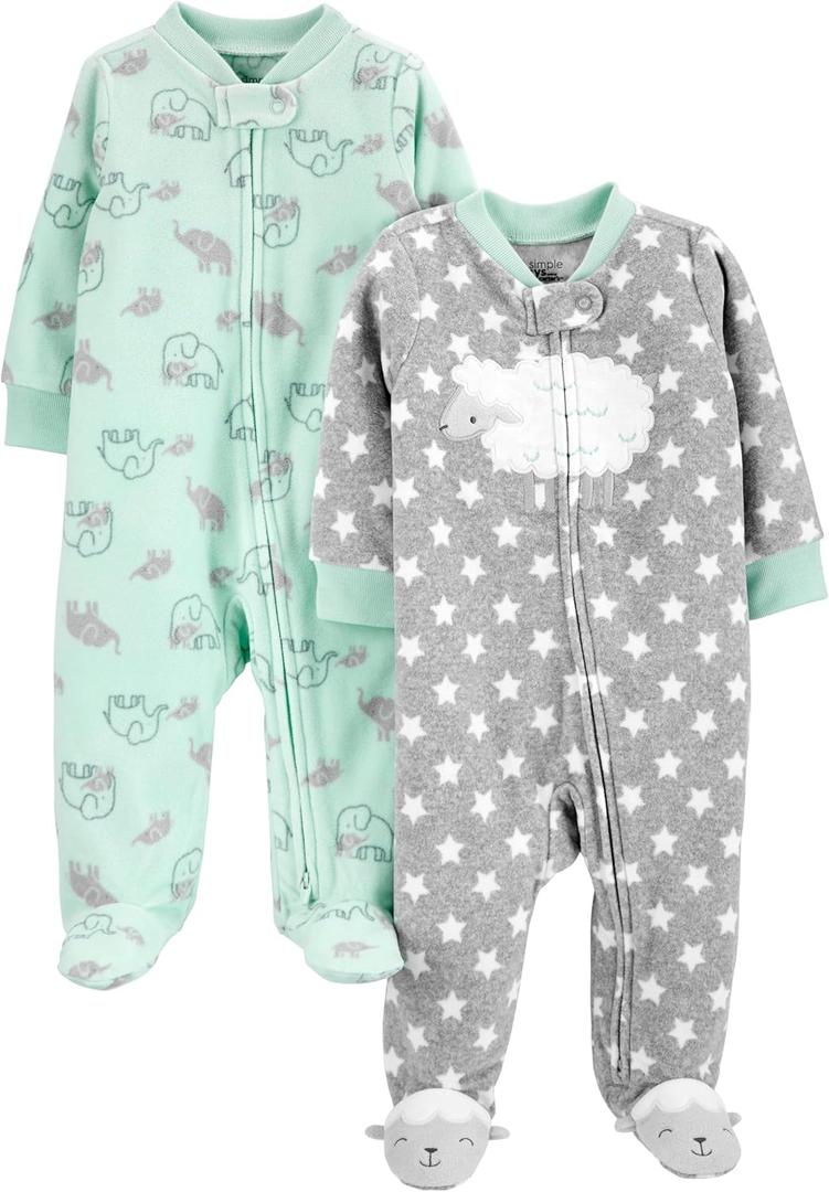 Simple Joys by Carter's unisex-baby 2-pack Neutral Fleece Footed Sleep and Play (3-6 Months, Grey Stars/Mint Green Elephant)