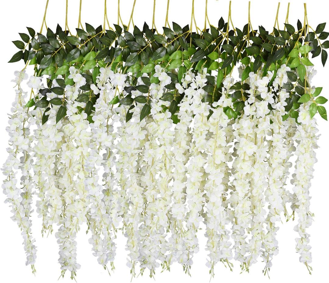 DearHouse 6 Pack Artificial Fake Wisteria Vine Ratta Hanging Garland, 3.75 Feet/Piece Silk Flowers String Home Party Wedding Decor (6PCS-Large White Wisteria)