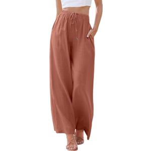 ANRABESS Womens Linen Palazzo Pants Summer Flowy Wide Leg Drawstring Casual Trousers with Pockets Beach Vacation Outfits Large Rust (Orange, L) ANRABESS Womens Linen Palazzo Pants Summer Flowy Wide Leg Drawstring Casual Trousers with Pockets Beach Vacation Outfits Large Rust (Orange, L)