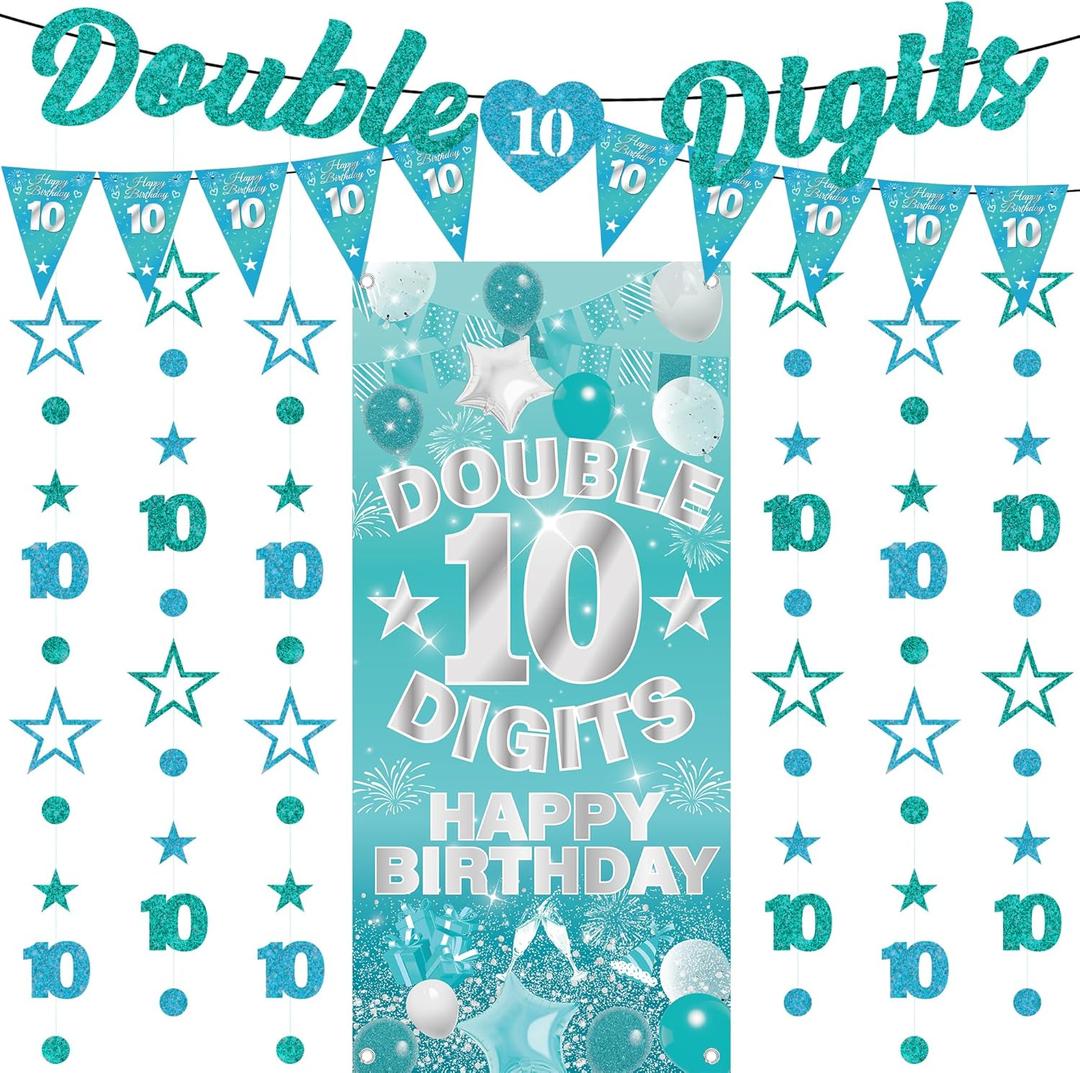 10th Birthday Decorations Garland Girls - 10 Pcs Pre-Strung Teal Blue Glitter Double 10 Digits Banners Circle Dot Star Hanging Garland Backdrop for Girl 10 Year Old Birthday Party Supplies