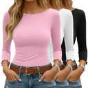 Ficerd 3 Pack Women's 3/4 Sleeve Lettuce Trim Tight Tops Boat Neck T Shirts Slim Fit Casual Fitted Basic Tees(Black, White, Pink,XX-Large)