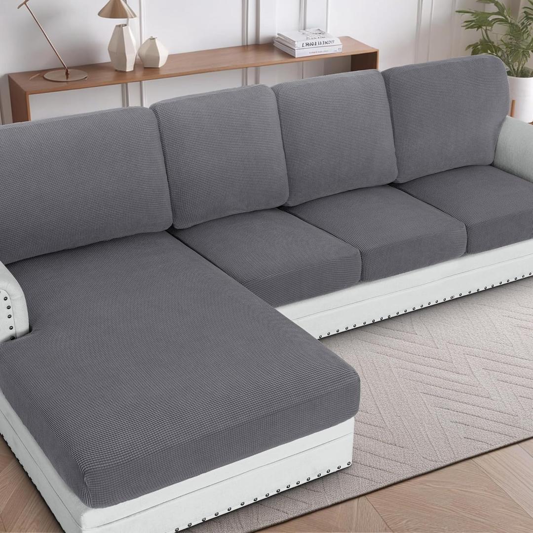 H.VERSAILTEX Sectional Couch Covers 8 Pieces Stretch Sofa Covers for Sectional Sofa Set Separate L Shaped Couch Cover for Both Left/Right Couch (Seat and Back: 1 Chaise + 3 Sofa, Grey)