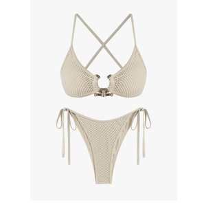 ZAFUL Women's Sexy Cutout Bikini Set High Cut Textured Metal Ring Cheeky Swimsuit Two Piece Bathing Suit, Size -M