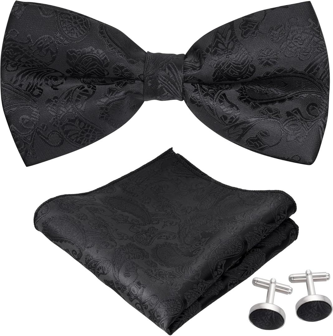 Bow Tie Pocket Square Cufflinks Set for Men, Adjustable Pre-tied Bowtie, Men's Tuxedo Bow Ties (Black)