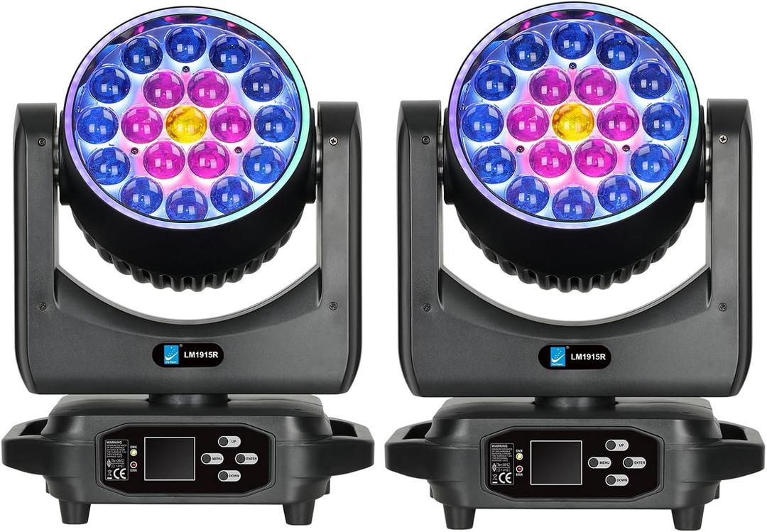 Big Dipper LED Moving Head Lights 19X15W Stage Lighting with Zoom/Wash/Beam Lights, RGBW Uplight Moving Head Light with RDM & DMX Moving Head DJ Light for Nightclub Professional Event Bars(2 Pack)