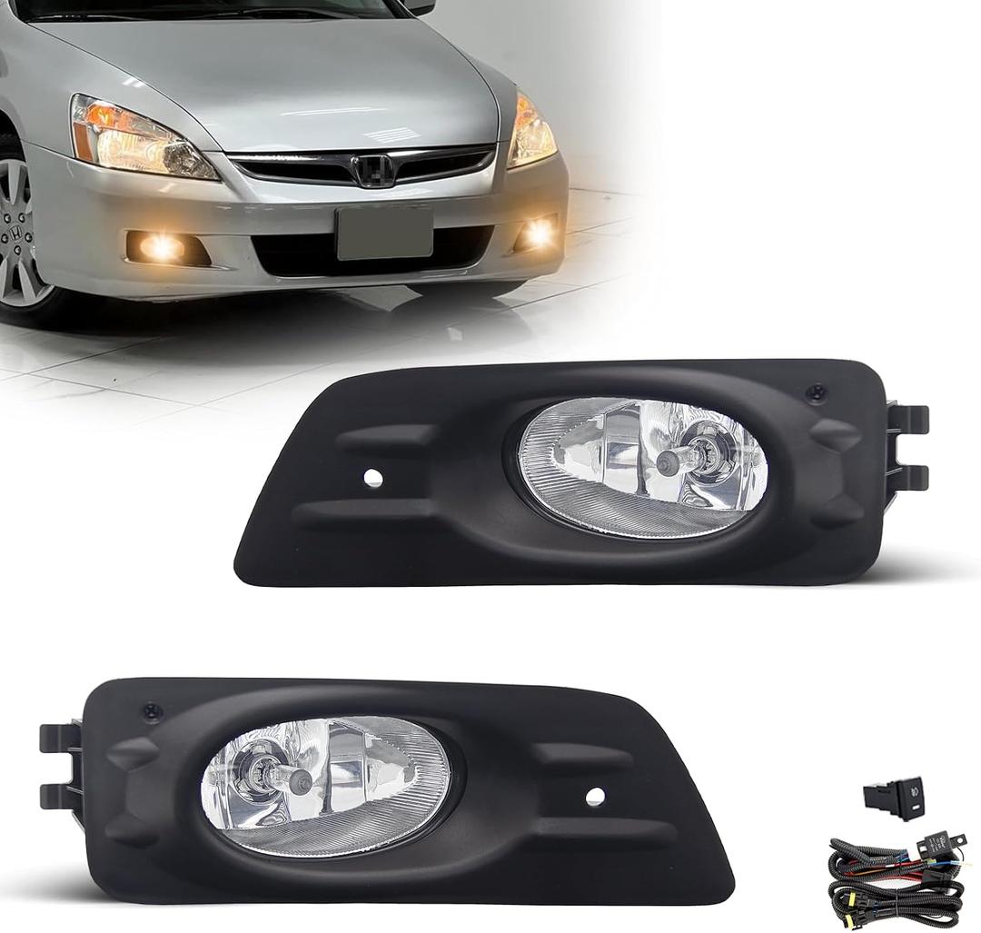 Fog Lights Assembly for 2006 2007 Honda Accord Sedan 4 Door Replacement Kit with Wiring and Switch H11 12V 55W Halogen Bulbs(Clear Lens)