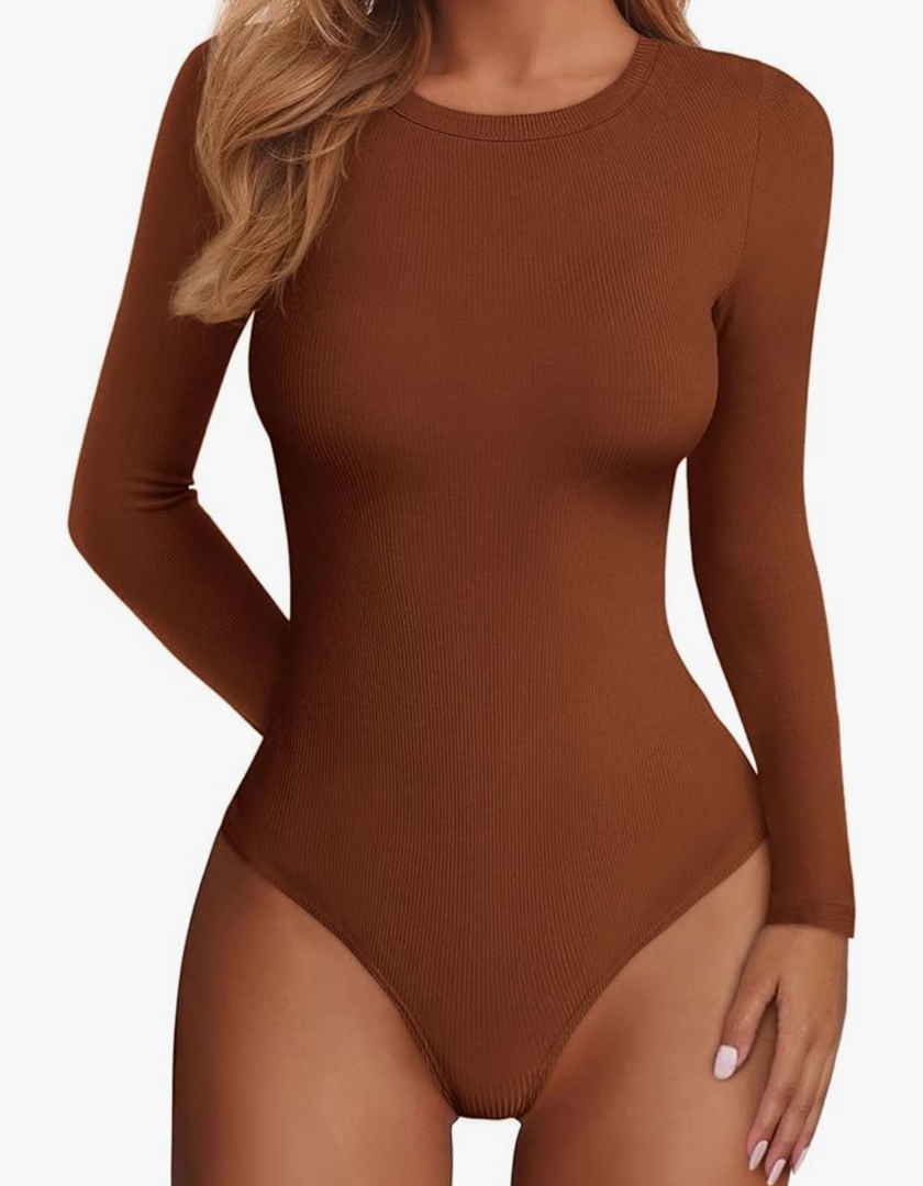 PRETTYGARDEN Bodysuits for Women 2026 Spring Long Sleeve Shirts Fitted Basic Ribbed Layering Tops Fall Fashion Winter Clothes M