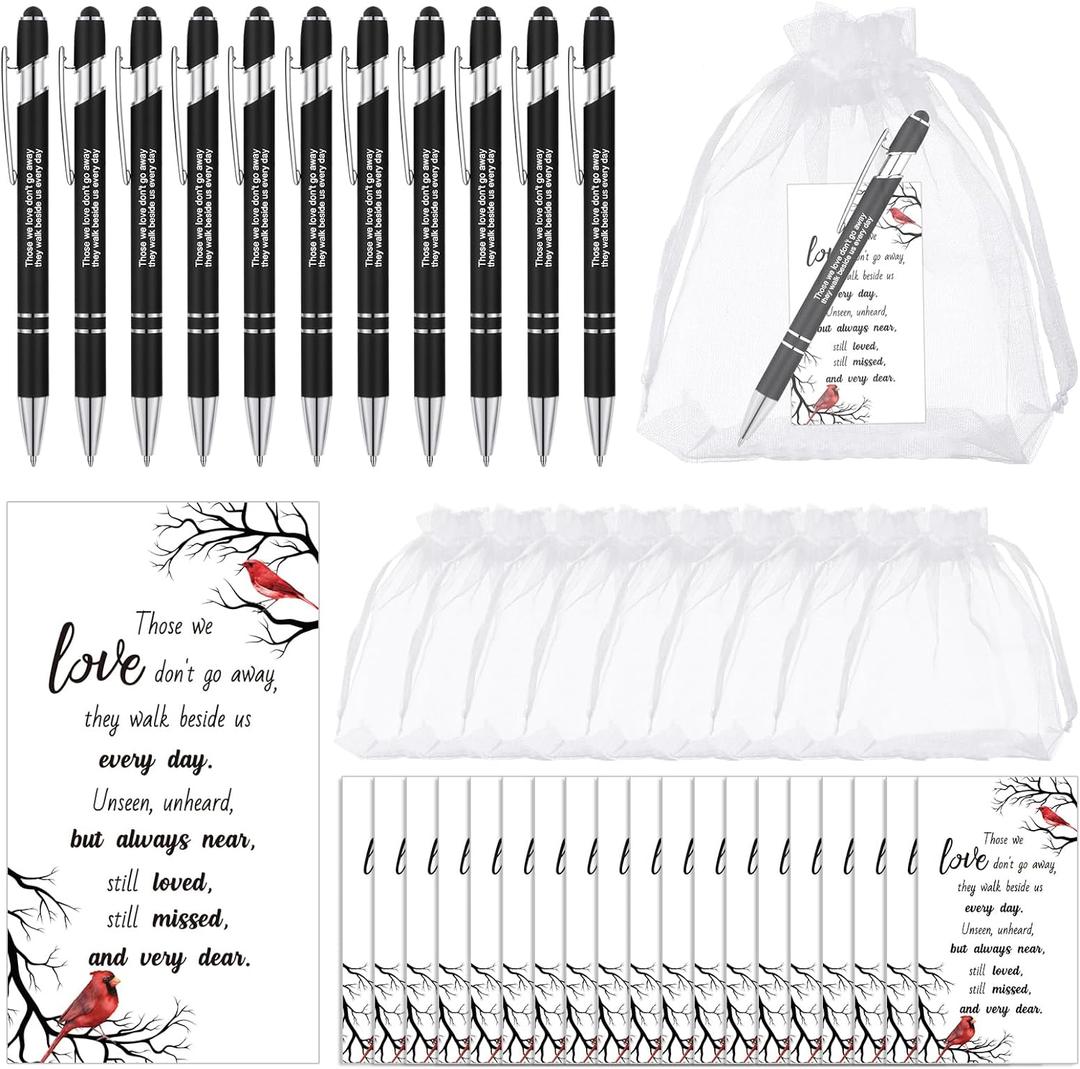 Yeaqee 150 Pcs Funeral Favor Thank You Set Funeral Favor for a Memorial Service 50 Ballpoint Pens 50 Poem Cards White Organza Bags Sympathy Condolence Bereavement Gift(White,Cardinal)