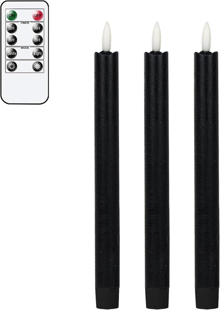 GenSwin Black Flameless Taper Candles with Remote, Halloween Flameless Candles Battery Operated, LED Halloween Candlesticks with 3D Wick for Home Decor(Set of 3, 0.78 x 9.6)