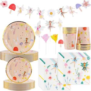 57Pcs Fairy Disposable Tableware Set Flower Fairies Mushroom Party Plates Cups Napkins Sets Fairy Cake Topper Banner Fairy Party Decorations Supplies Girls Birthday Party Decor(10 Guests)
