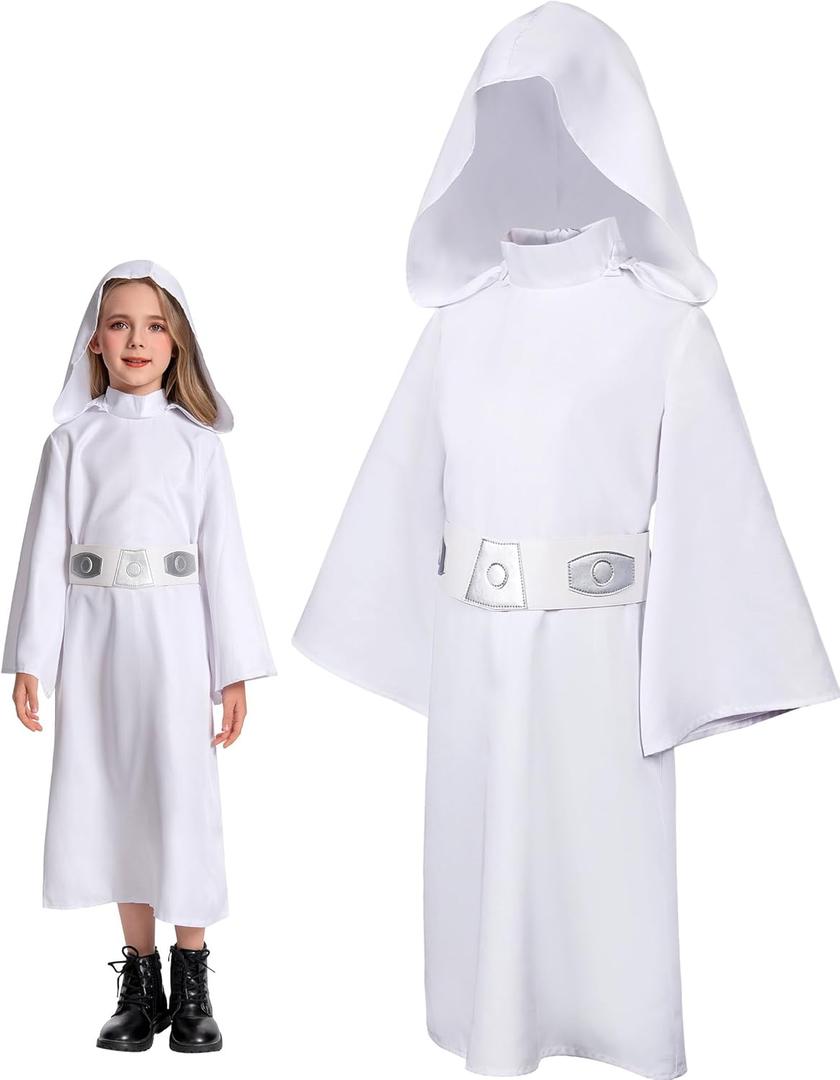 Princess Costume Kids Girls Force Knight Cosplay White Dress Belt Outfit for Birthday Halloween (150)