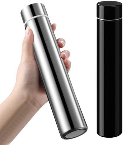 Vesici 2 Pack Silver Black Slim Water Bottle 8.8 oz Small Stainless Steel Purse Compact Insulated Water Bottles Camping Travel Backpack Pocket Flask for Car Cold Coffee Tea