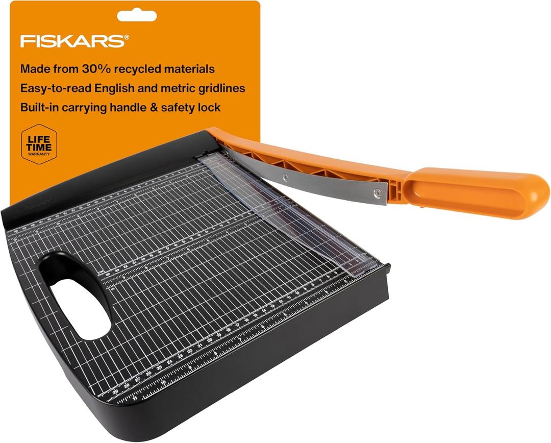 Fiskars Recycled Bypass Guillotine Paper Cutter, 12" Cut Length, Self-Sharpening, Paper Trimmer for Crafting and Scrapbooking, Arts and Crafts Supplies, Photo Cutter with 30% Recycled Materials