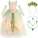 Princess Costume for Girls Birthday Halloween Dress Up Outfits with Accessories (4-5T, Green)