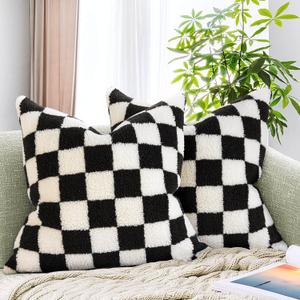 AmHoo Pack of 2 Decorative Throw Pillow Covers Checkerboard Luxury Super Soft Faux Fur Wool Set Case Cushion for Couch Sofa Bedroom 18 x 18-Inch Black (18" x 18" (Pack of 2))