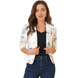 Allegra K Women's Open Front Office Work Business Casual Lightweight Summer Crop Suit Blazer Small White-Floral S