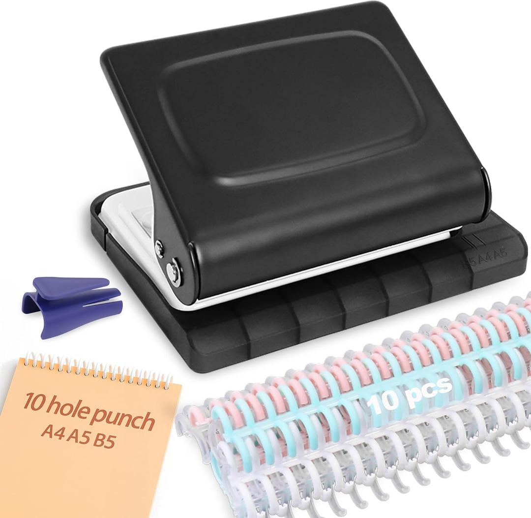 10 Hole Punch Binding Machine for Planners with 10 Multi-Color Binder Rings,30 Holes on A4,20 Holes on A5,26 Holes on B5,10 Sheet Capacity (Black)