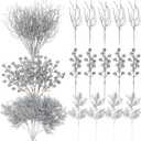 Craftsatin 75 Pcs Christmas Glitter Branches 3 Styles Artificial Christmas Picks Berries Stems Pine Needles Floral Twig Spray for Xmas Tree Ornaments DIY Wreath Garland(Silver)