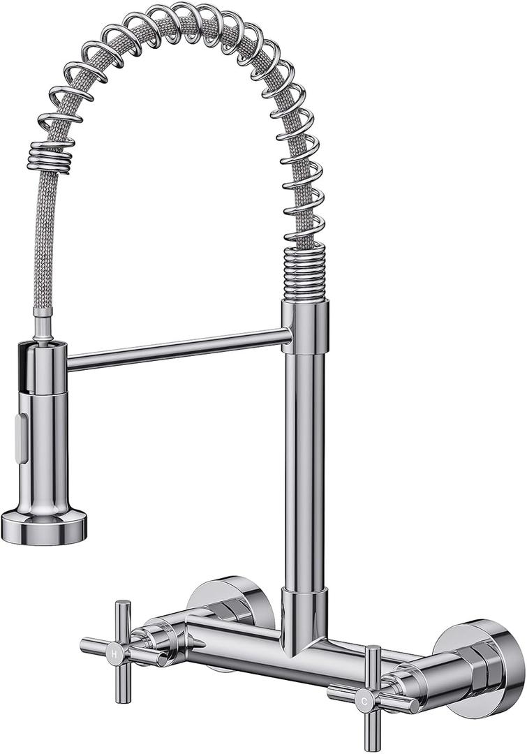 Wall Mount Faucet, Hurran Kitchen Faucet, 8 Inch Utility Sink Faucet with 2 Functions Sprayer, Commercial Kitchen Sink Faucet Dual Handles for Laundry Room Restaurant Compartment Sink (Chrome)