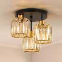 Semi Flush Mount Ceiling Light 3-Light Black Flush Mount Ceiling Light Fixture with K9 Crystal Shades, Industrial Kitchen Ceiling Light for Hallway Entryway Bedroom, E26 Socket