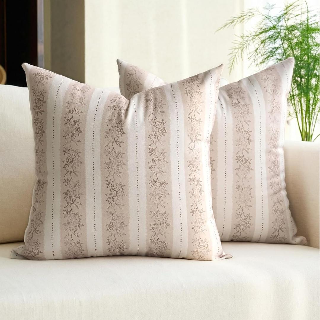 DOMVITUS Floral Pillow Covers 20x20 Inch Set of 2, Vintage Striped Block Print Decorative Throw Pillow Covers Neutral Farmhouse Boho Home Decor for Couch Sofa Bed Living Room, Cream White