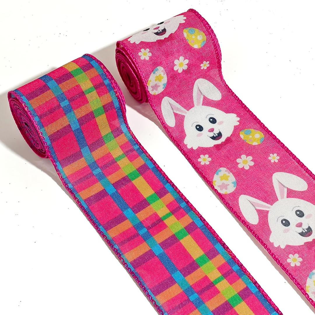 2 Rolls 2.5" 5 Yd Easter Ribbon Easter Bunny Easter Egg Wired Ribbon Colorful Buffalo Plaid Ribbon for Spring Wreath DIY Crafts Bows Making Gifts Wrapping Easter Party Decoration