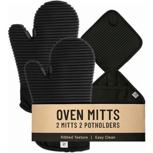 Extra Long Silicone Oven Mitts & Potholders Set - Heat Resistant 500F Kitchen Gloves with Pot Holders, BPA-Free Waterproof Baking Mitts, Non-Slip Grip, 4-Piece Set, Black