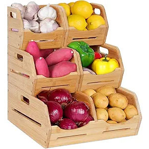 Tfro & Cile Bamboo Potato and Onion Storage Bins Pantry Organizers 3 Tier Stackable Vegetable Baskets Multipurpose Fruit Organization Containers for Kitchen  Set of 5