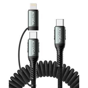 Coiled USB C to Lightning Cable 3FT, 2 in 1 iPhone 15 Charger Cord for Car Nylon Braided Multi Type C to TypeC Fast Charging Cables for iPhone 17 16 15 14 13 12 11 iPad, Samsung Galaxy Sony - 1Pack